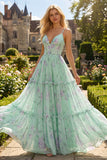 Blue Pink Flower A Line Ruffled Corset Spaghetti Straps Chiffon Long Prom Dress