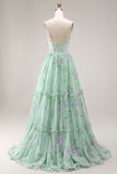 Blue Pink Flower A Line Ruffled Corset Spaghetti Straps Chiffon Long Prom Dress