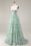 Blue Pink Flower A Line Ruffled Corset Spaghetti Straps Chiffon Long Prom Dress
