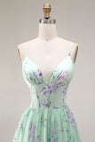 Blue Pink Flower A Line Ruffled Corset Spaghetti Straps Chiffon Long Prom Dress
