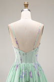 Blue Pink Flower A Line Ruffled Corset Spaghetti Straps Chiffon Long Prom Dress