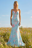 Blue Pink Flower Mermaid Spaghetti Straps Long Prom Dress