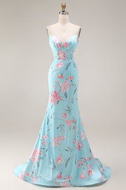 Blue Pink Flower Mermaid Spaghetti Straps Long Prom Dress