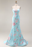 Blue Pink Flower Mermaid Spaghetti Straps Long Prom Dress