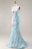 Blue Pink Flower Mermaid Spaghetti Straps Long Prom Dress