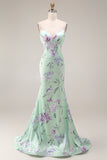 Blue Pink Flower Mermaid Spaghetti Straps Long Prom Dress