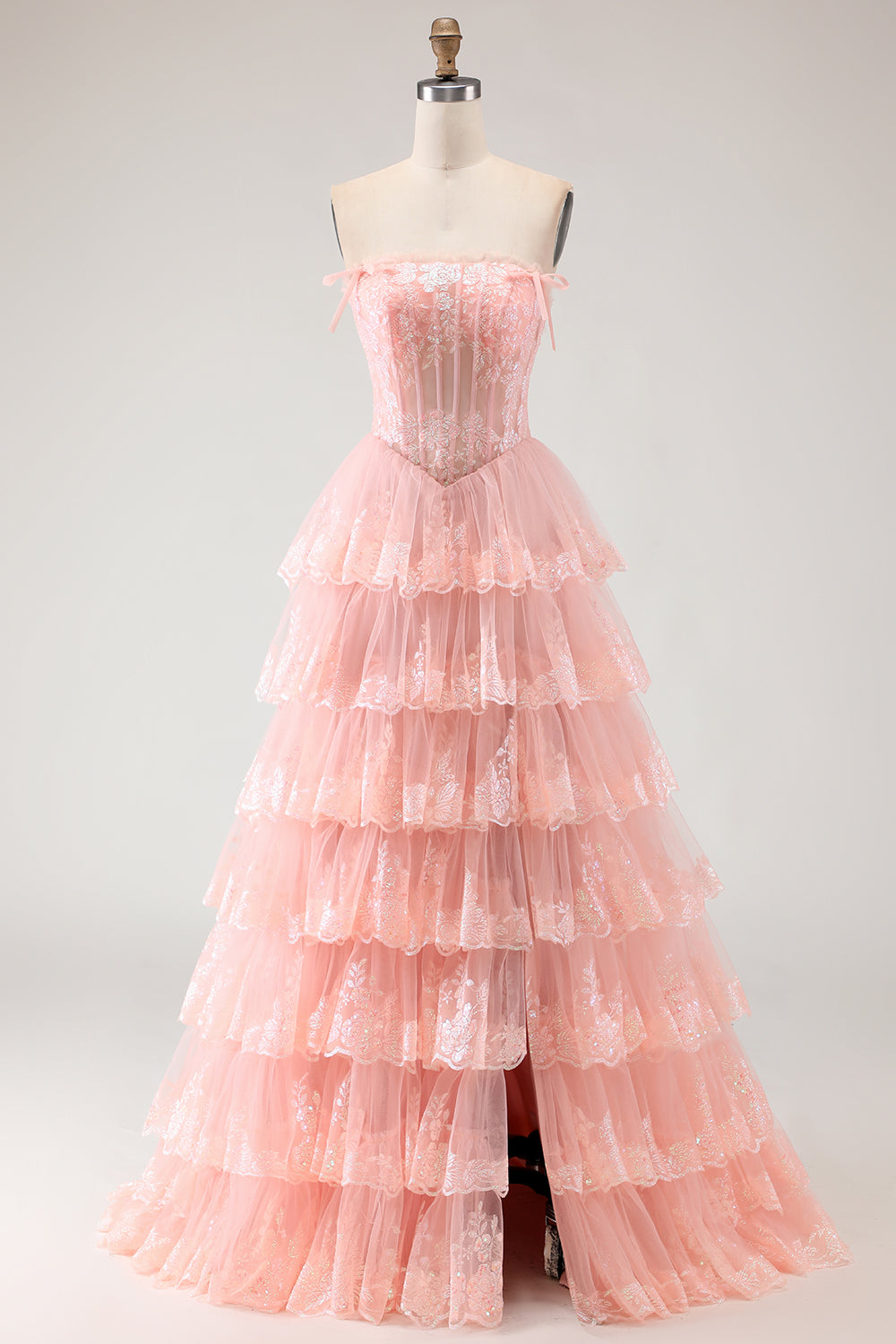 a-line corset tiered ruffle slit prom dress with appliqued sequins ALine Floral Print V Neck Corset Tiered Ruffle Prom Dress with Slit S9054P- Prom Dresses