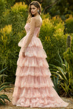 Blush A Line Strapless Tiered Ruffled Sequins Corset Long Prom Dress with Slit