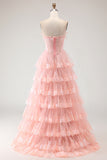 Blush Strapless Tiered Ruffle A Line Sequins Corset Long Prom Dress with Slit
