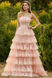 Blush A Line Strapless Tiered Ruffled Sequins Corset Long Prom Dress with Slit