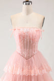 Blush Strapless Tiered Ruffle A Line Sequins Corset Long Prom Dress with Slit