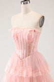 Blush Strapless Tiered Ruffle A Line Sequins Corset Long Prom Dress with Slit