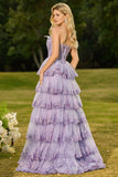 Blush A Line Strapless Tiered Ruffled Sequins Corset Long Prom Dress with Slit