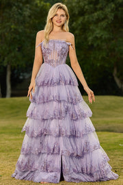 Lilac A Line Strapless Sequin Corset Tiered Ruffle Long Prom Dress with Slit