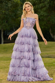 Lilac A Line Strapless Sequin Corset Tiered Ruffle Long Prom Dress with Slit