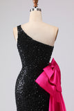 Sparkly One Shoulder Black Mermaid Sequin Long Prom Dress with Bow