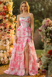 White Pink Flower A Line Sweetheart Sequins Tiered Corset Long Prom Dress with Slit