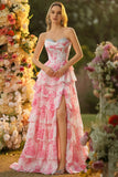 White Pink Flower A Line Sweetheart Tiered Corset Sequin Long Prom Dress with Slit