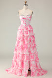 White Pink Flower A Line Sweetheart Sequins Tiered Corset Long Prom Dress with Slit