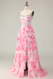 White Pink Flower A Line Sweetheart Sequins Tiered Corset Long Prom Dress with Slit