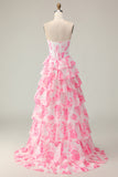 White Pink Flower A Line Sweetheart Sequins Tiered Corset Long Prom Dress with Slit