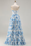 White Blue Floral Strapless A Line Corset Tiered Ruffle Long Prom Dress with Slit