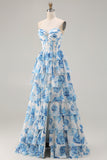White Blue Floral Strapless A Line Corset Tiered Ruffle Long Prom Dress with Slit