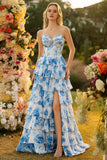 White Blue Floral A Line Strapless Corset Tiered Ruffle Long Prom Dress with Slit
