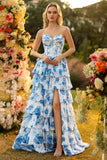 White Blue Floral A Line Strapless Corset Tiered Ruffle Long Prom Dress with Slit
