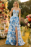 White Blue Floral A Line Strapless Corset Tiered Ruffle Long Prom Dress with Slit