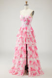 White Pink Floral A Line Strapless Corset Tiered Ruffle Long Prom Dress with Slit