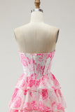 White Pink Floral A Line Strapless Corset Tiered Ruffle Long Prom Dress with Slit