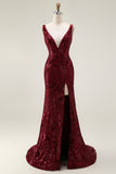 Sparkly Burgundy Mermaid Sequin V Neck Long Prom Dress with Slit
