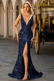 Sparkly Navy Mermaid Sequin V Neck Open Back Long Prom Dress with Slit