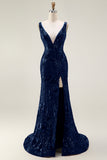 Sparkly Navy Mermaid Sequin V Neck Open Back Long Prom Dress with Slit