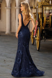 Sparkly Navy Mermaid Sequin V Neck Open Back Long Prom Dress with Slit