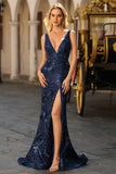 Sparkly Navy Mermaid V Neck Open Back Sequin Long Prom Dress with Slit