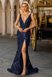 Sparkly Navy Mermaid V Neck Open Back Sequin Long Prom Dress with Slit