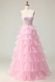 Princess Pink Sweetheart Corset Tiered Sequins Long Prom Dress with Lace Up Back