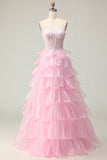 Princess Pink Sweetheart Corset Tiered Sequins Long Prom Dress with Lace Up Back