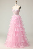 Princess Pink Sweetheart Corset Tiered Sequins Long Prom Dress with Lace Up Back