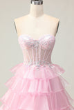 Princess Pink Sweetheart Corset Tiered Sequins Long Prom Dress with Lace Up Back