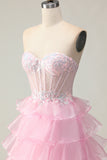 Princess Pink Sweetheart Corset Tiered Sequins Long Prom Dress with Lace Up Back