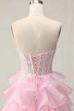 Princess Pink Sweetheart Corset Tiered Sequins Long Prom Dress with Lace Up Back