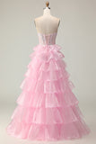 Princess Pink Sweetheart Corset Tiered Sequins Long Prom Dress with Lace Up Back