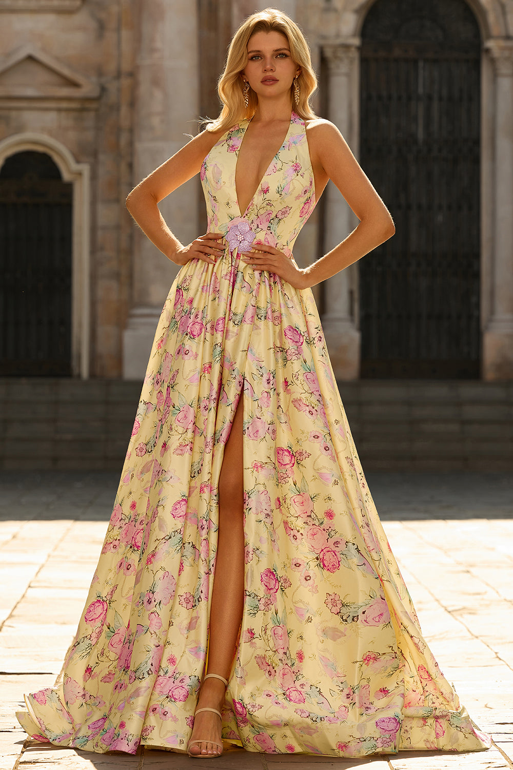 ZAPAKA Women Yellow Pink Flowers Long Prom Dress with Slit A Line Deep V Neck Backless Wedding Guest Dress ZAPAKA Women Yellow Pink Flowers Long Prom Dress with Slit A Line Deep V Neck Backless Wedding Guest Dress