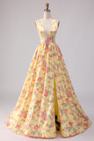 Yellow Pink Floral A Line Deep V Neck Long Prom Dress with Slit