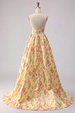 Yellow Pink Floral A Line Deep V Neck Long Prom Dress with Slit