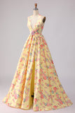 Yellow Pink Floral A Line Deep V Neck Long Prom Dress with Slit