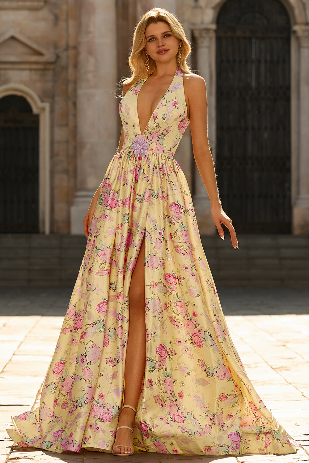 ZAPAKA Women Yellow Pink Flowers Long Prom Dress with Slit A Line Deep V Neck Backless Wedding Guest Dress, Yellow Pink Flower / US2 ZAPAKA Women Yellow Pink Flowers Long Prom Dress with Slit A Line Deep V Neck Backless Wedding Guest Dress, Yellow Pink Flower / US2